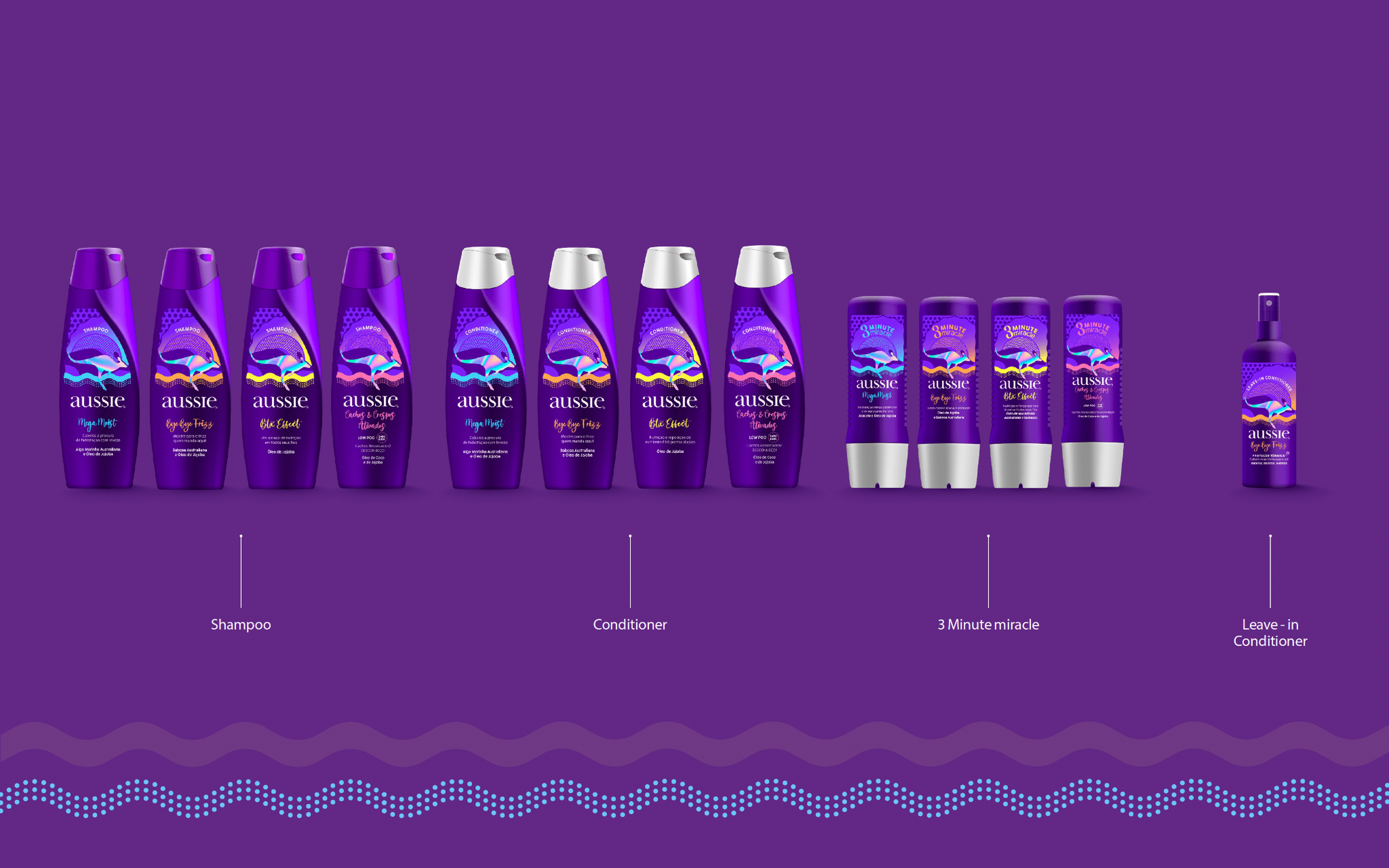 Full Aussie packaging line-up arranged by format, from shampoo to leave-in.