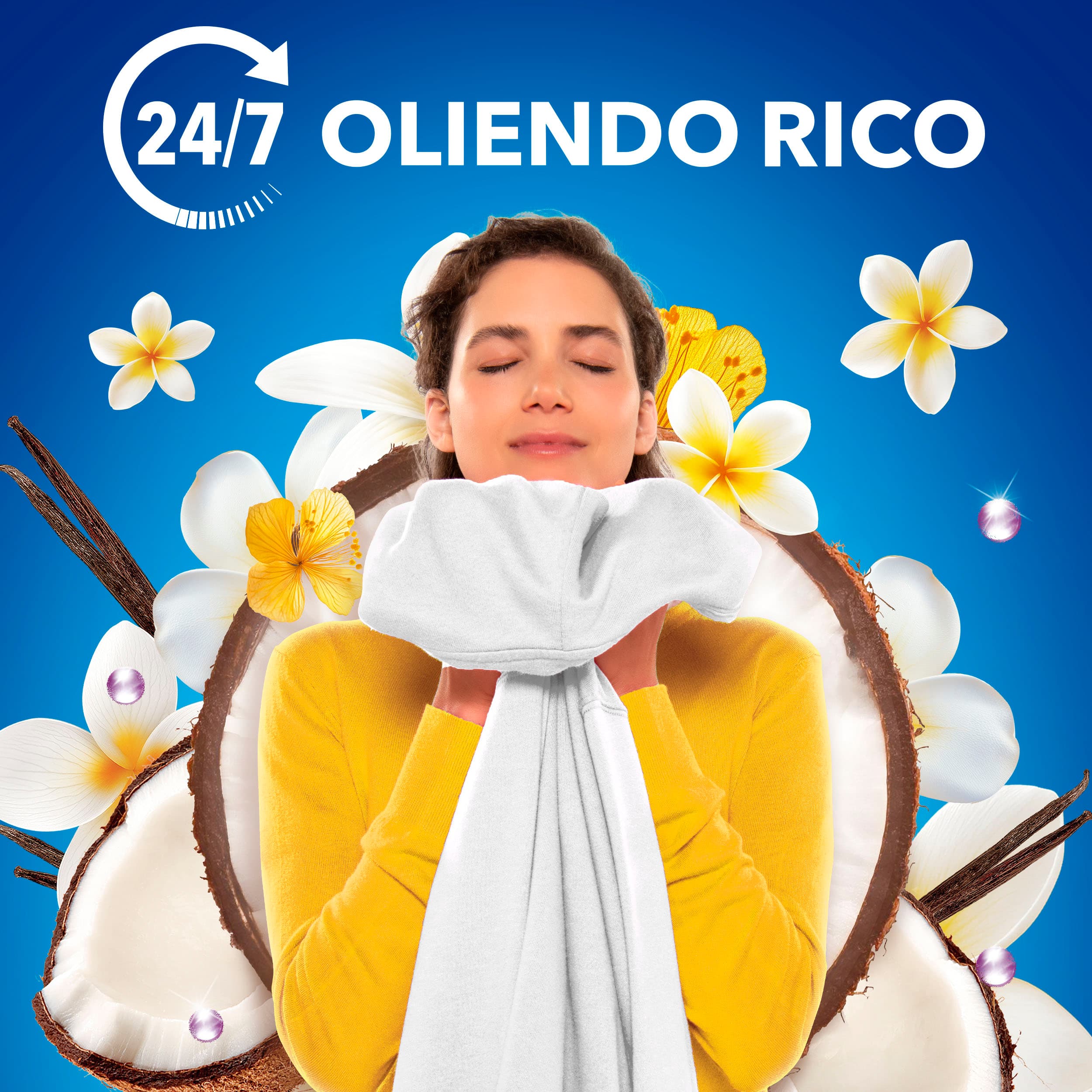 Mujer oliendo una toalla, con el claim 24/7 Oliendo Rico de Downy Intense Vanilla Bliss.