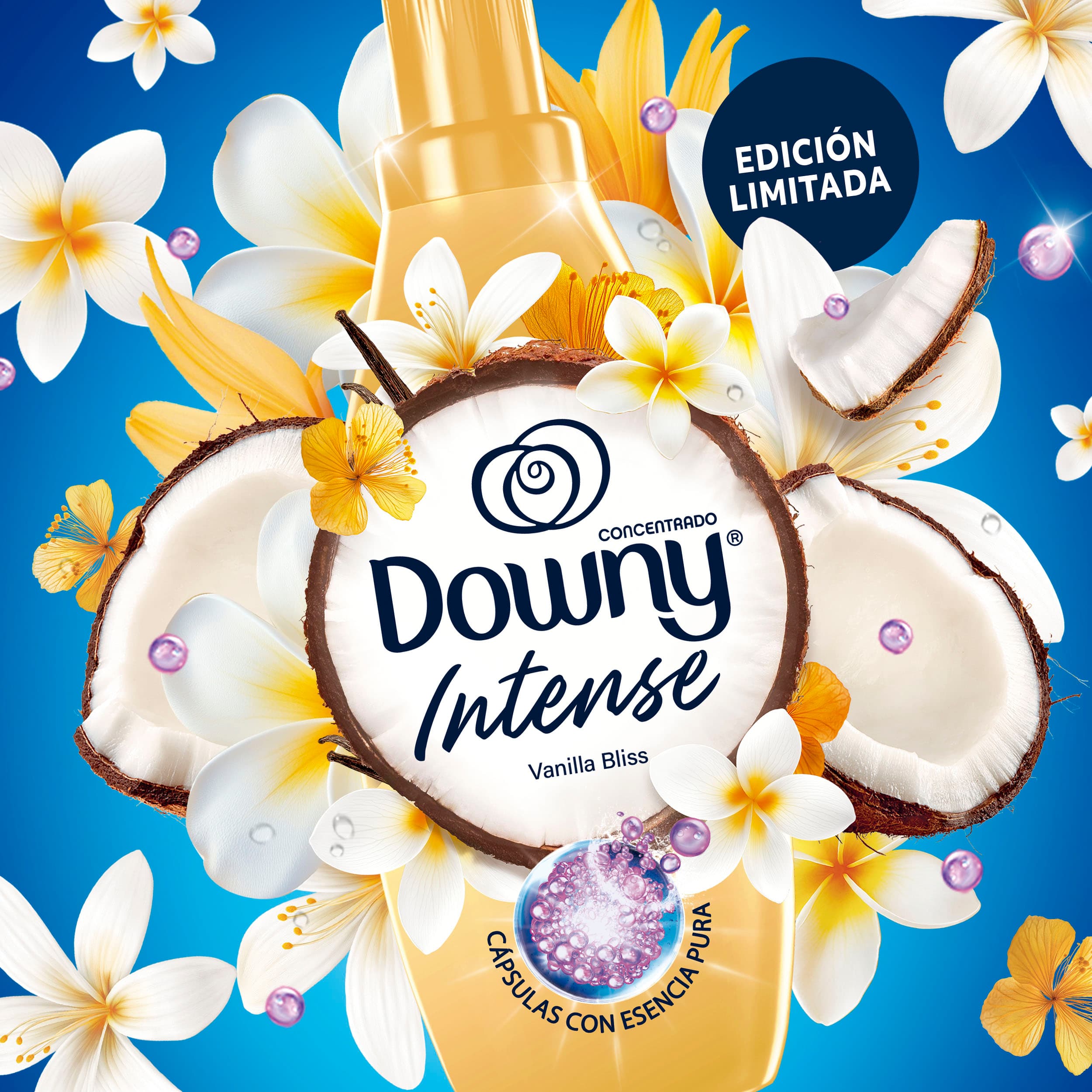 KV vertical con la botella de Downy Intense Vanilla Bliss.