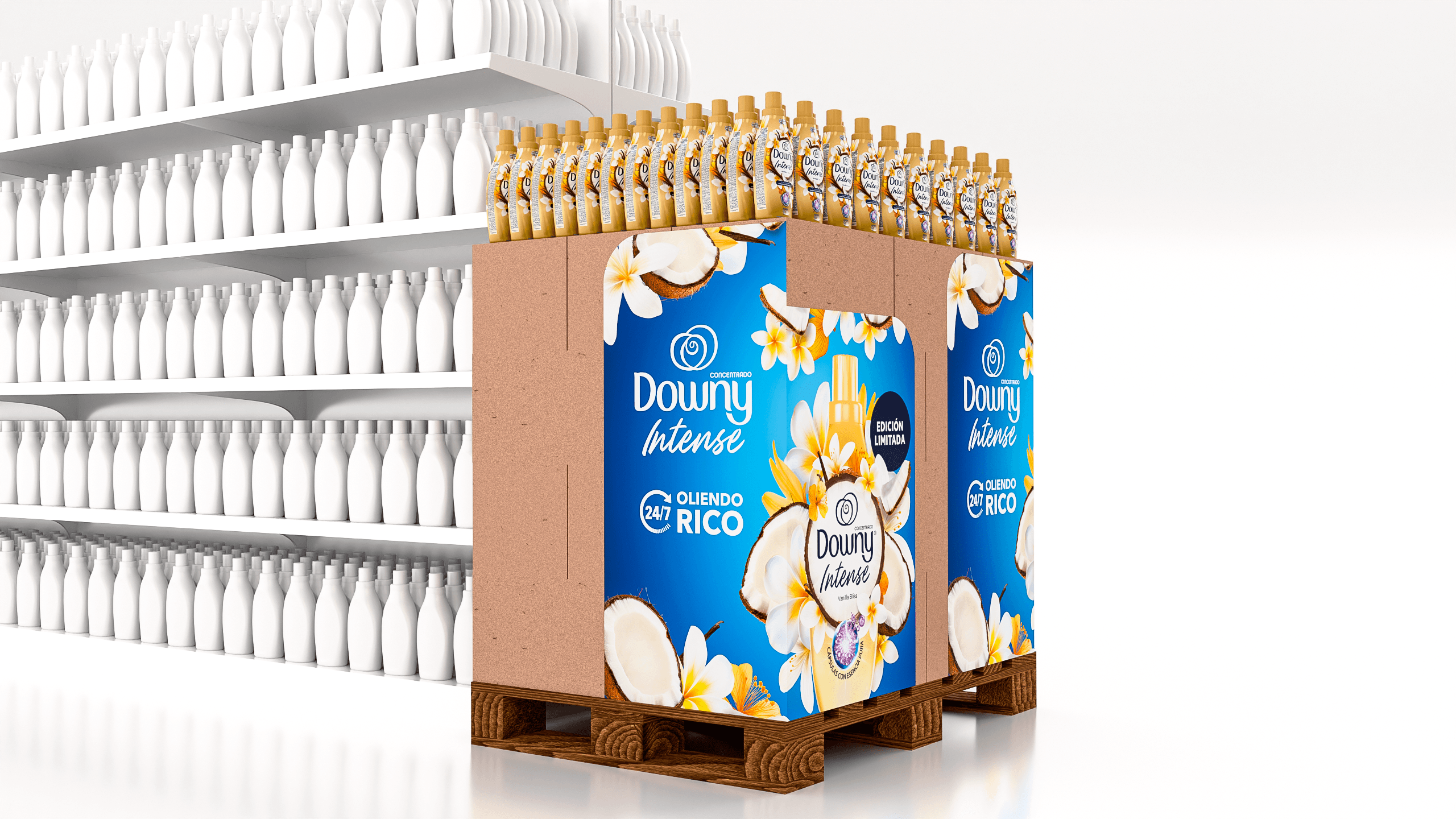 Pallet esquinero de Downy Intense Vanilla Bliss.