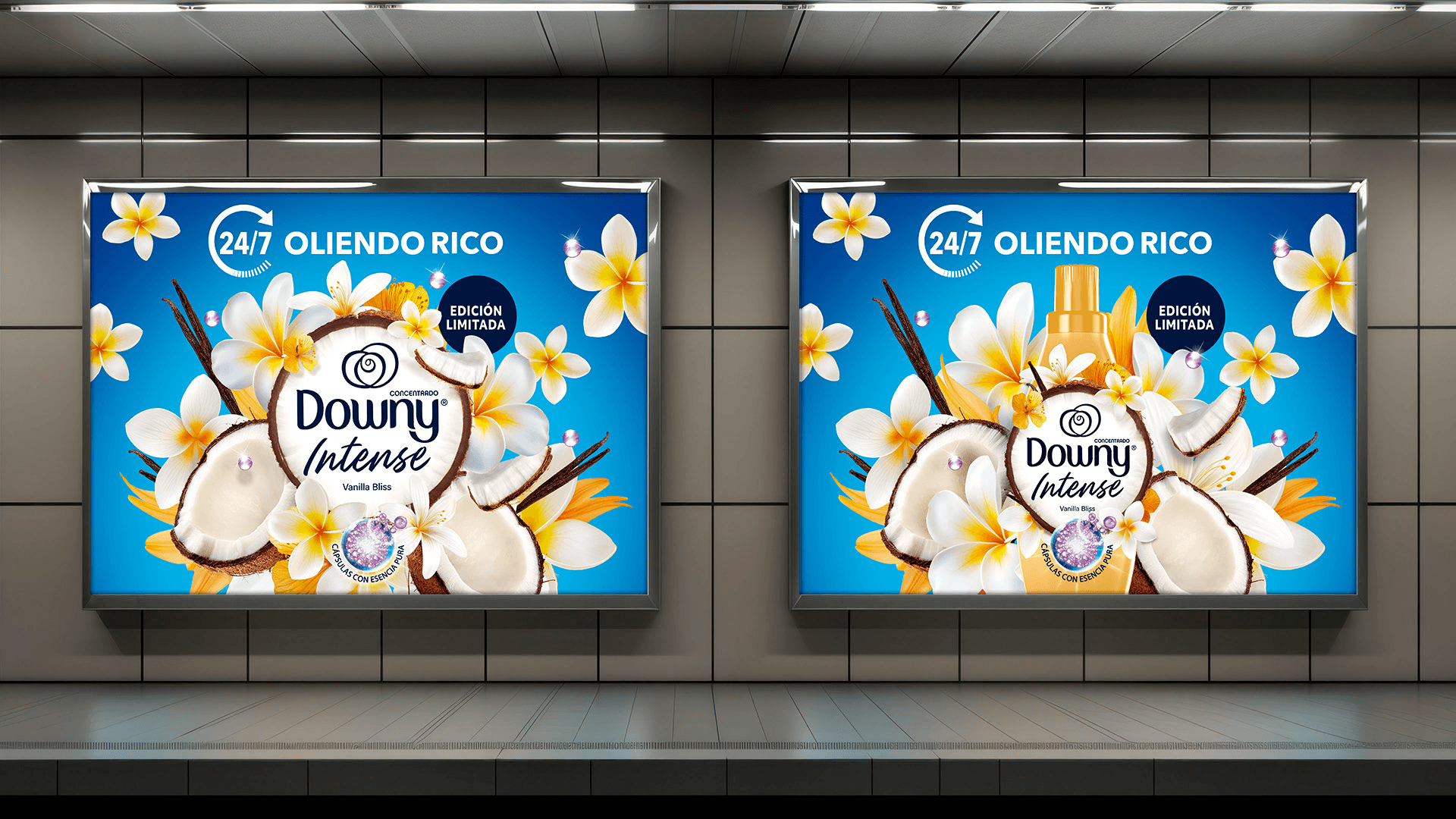Paneles de Downy Intense Vanilla Bliss en el metro.