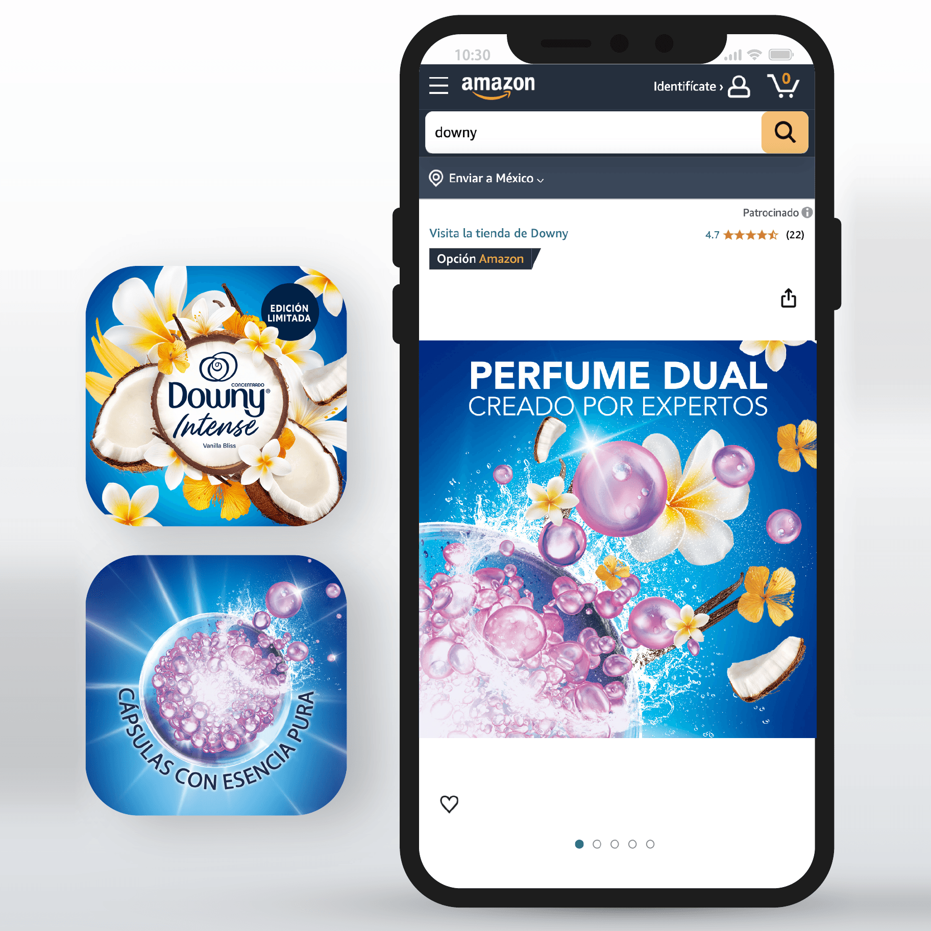 Vitrina de e-commerce de Downy Intense Vanilla Bliss en el celular.