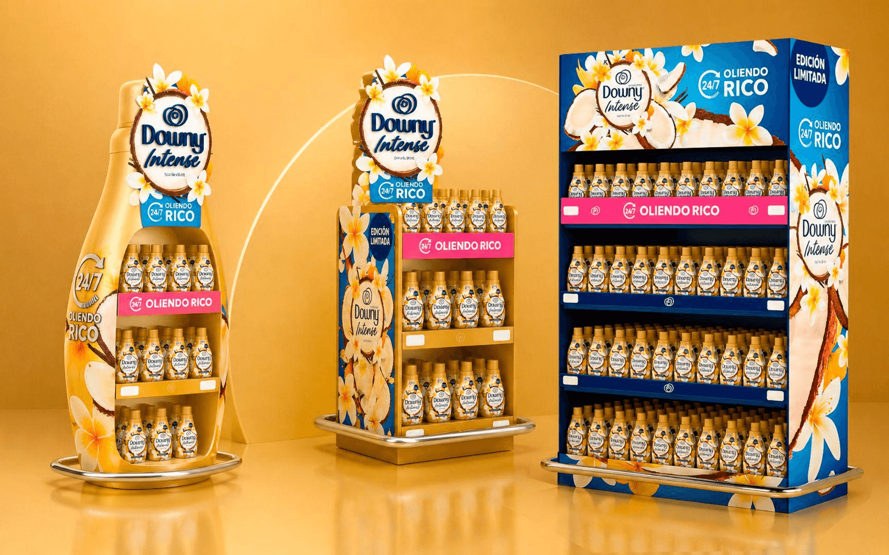 Exhibidores de Downy Intense Vanilla Bliss para punto de venta sobre fondo dorado.