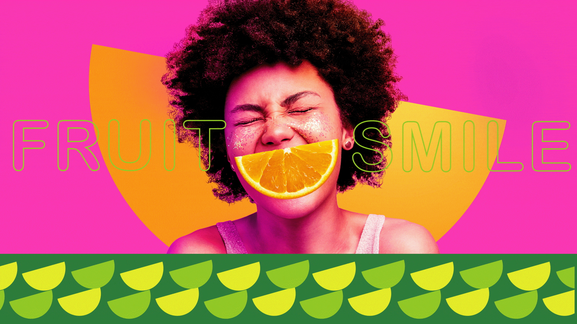 Animación Fruitsmile de Tropics, semicírculo que se convierte en sonrisa y rodaja de fruta