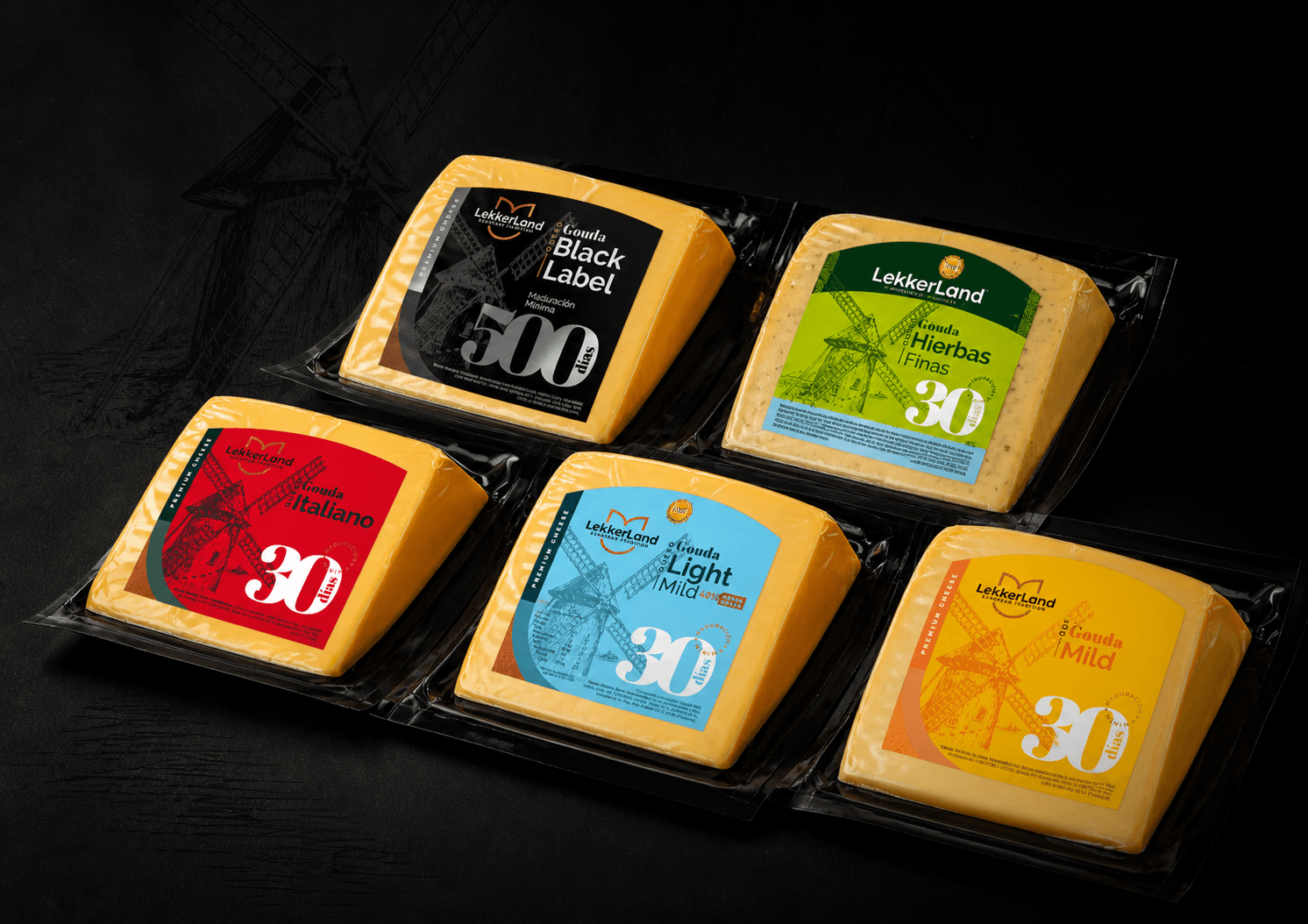 Empaques Lekkerland Black Label, Hierbas Finas, Italiano, Light Mild y Mild con los días de maduración